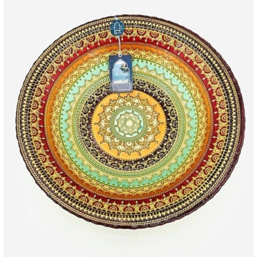 Turkish Glass Round Bowl Dinner Display Gold Oriental Lace 16” W 3” D